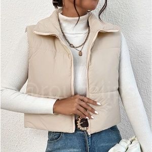 Cropped Beige Puffer Vest Zip Up